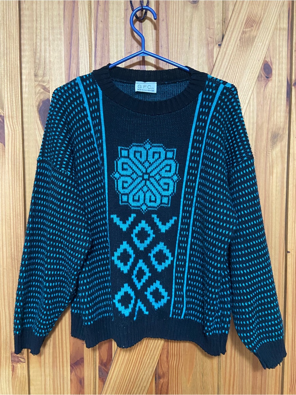 Vintage 80’s Teal, black Patterned Crewneck Sweater made in USA retro